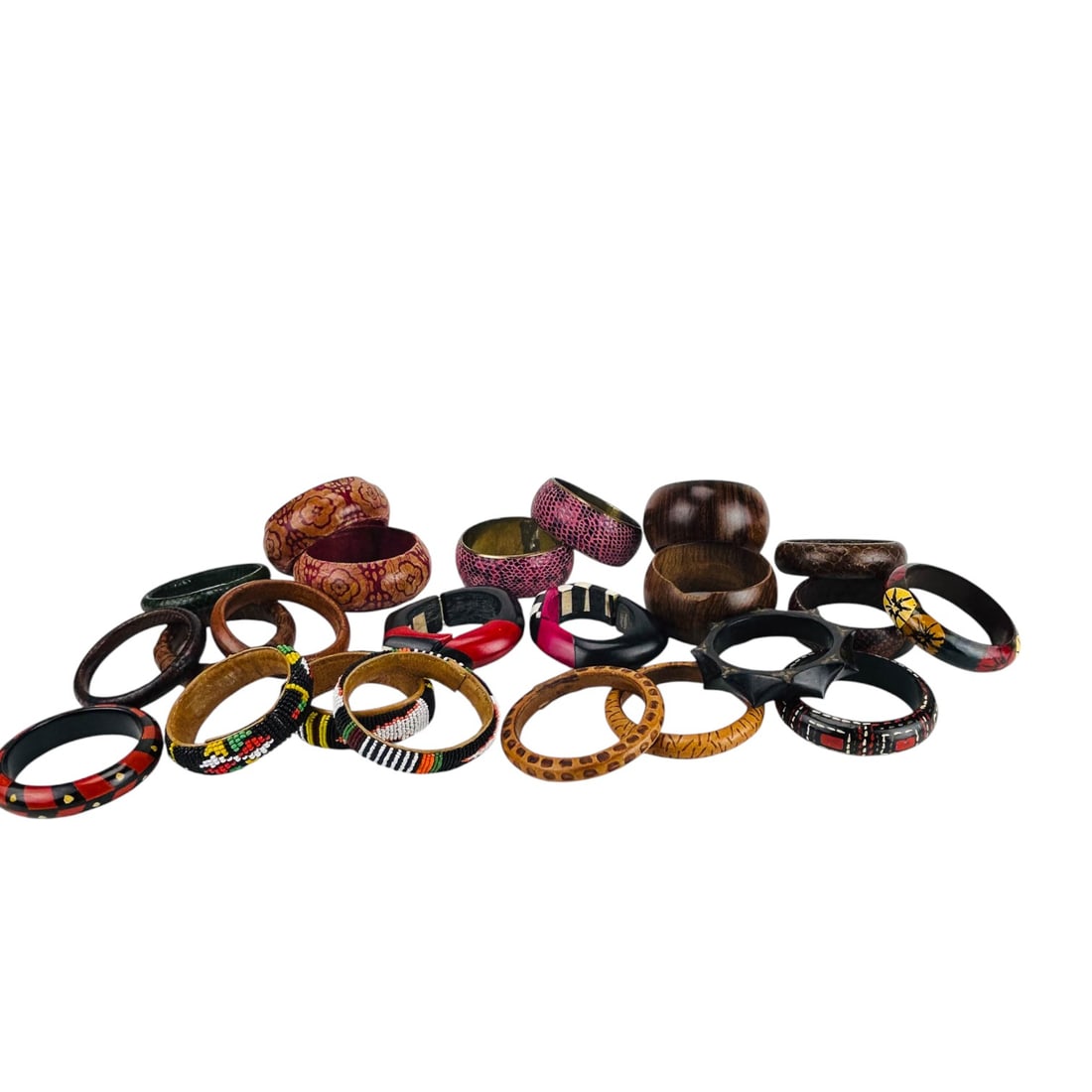 Wood Leather Beaded Tribal Style Bangle Bracelets (1 of 8)