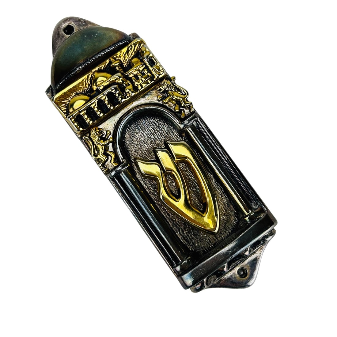 Arad Avraham Electroform Silver Gold Tone Mezuzah: Decorative Jewish Judaica Israel mezuzah case with gold silver tone Jerusalem cityscape, lions, and Hebrew letter Shin. Marked on reverse with Arad Avraham studio label.Dimensions: 6.5 X 2.25 X .75 in