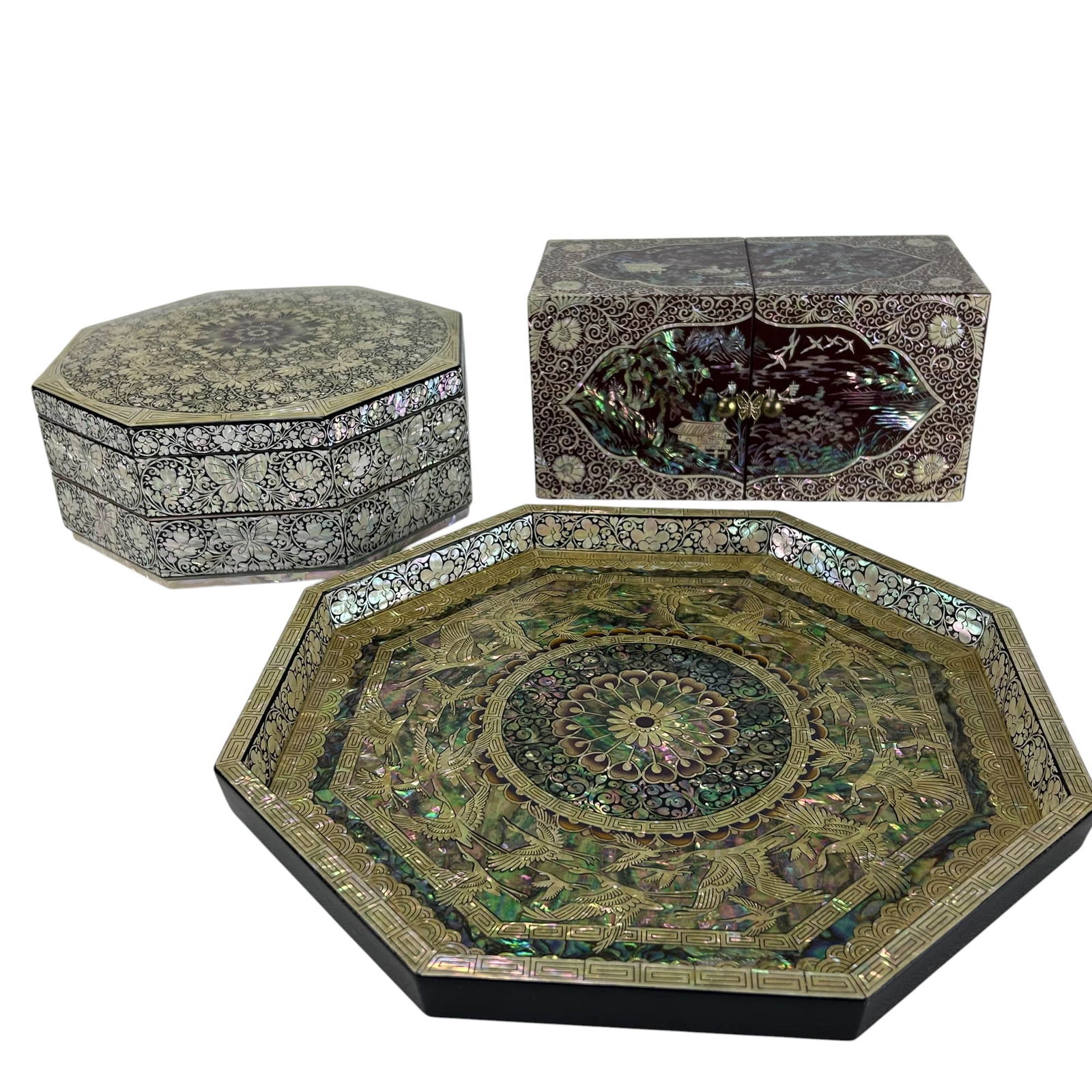 Korean Lacquer MOP Shell Inlay Boxes & Tray 3p LOT (1 of 20)