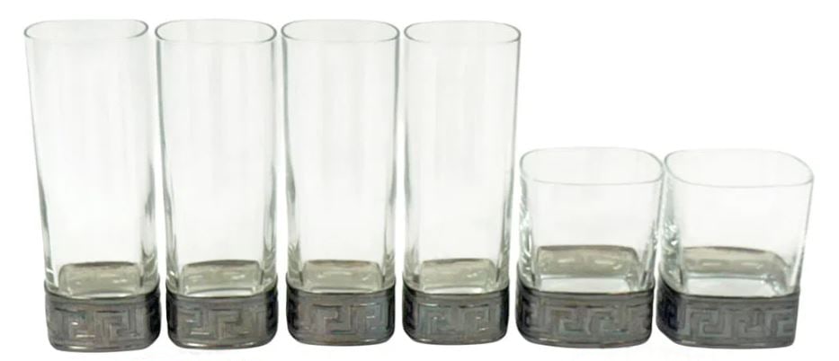 Versace Greek Key Crystal Sterling Glasses 6pc SET: Set of six, vintage Gianni Versace 'Greek Key' sterling silver overlay crystal glasses. To include four highball and two matching lowball glasses. Each piece is individually hallmaked. Each of the hig