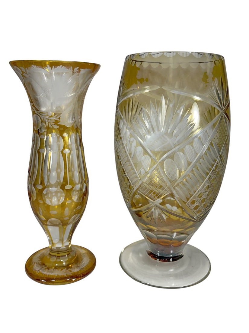Bohemian Amber Cut to Clear Crystal Vases 2pc LOT (1 of 7)