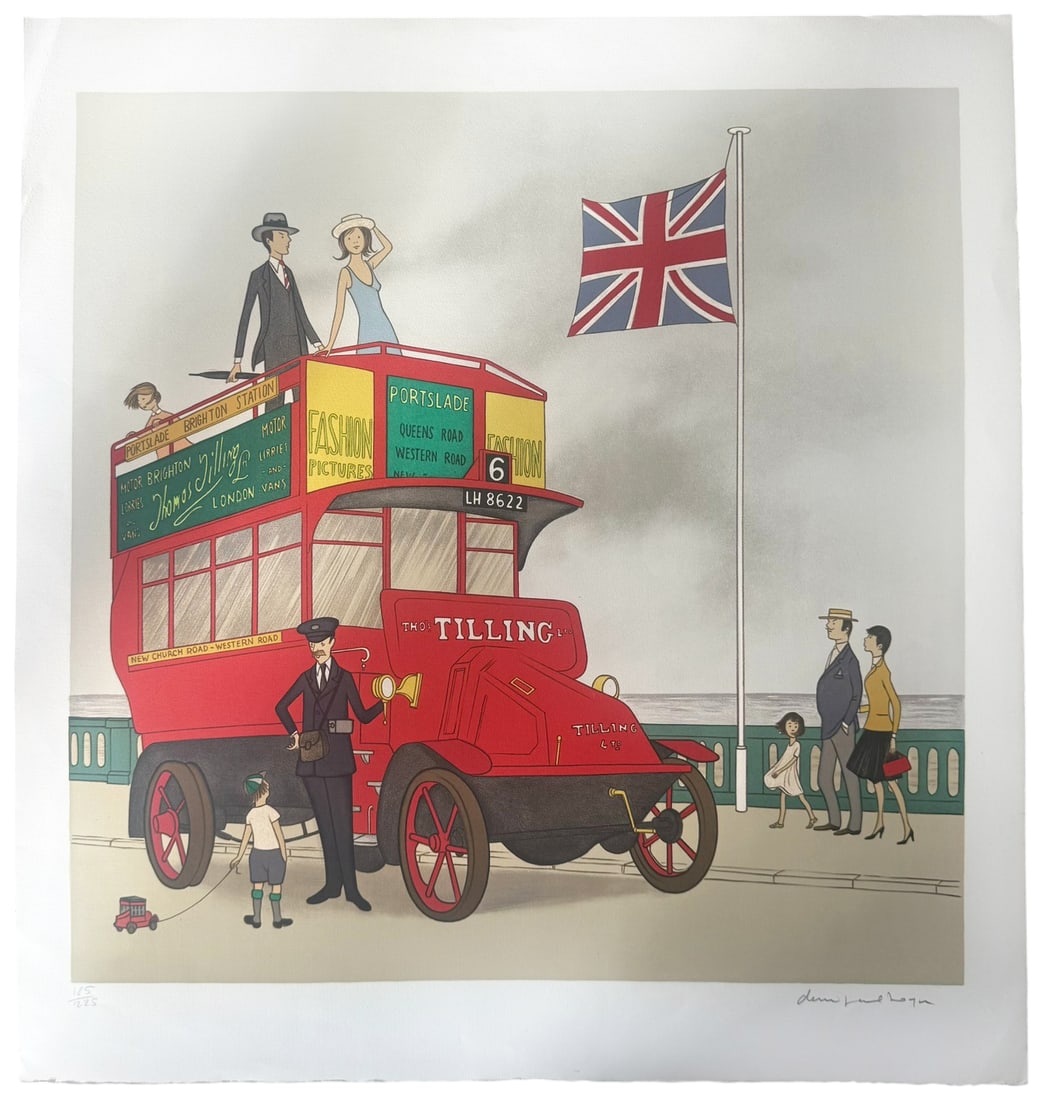 Denis Paul Noyer Color Lithograph on Paper SIGNED: Denis Paul Noyer (French, born 1940) color lithograph on paper of a Brighton, UK street-scene titled 'Tilling Bus'. Circa: 1979. Hand signed in pencil to the lower right corner. Edition of 225 to the