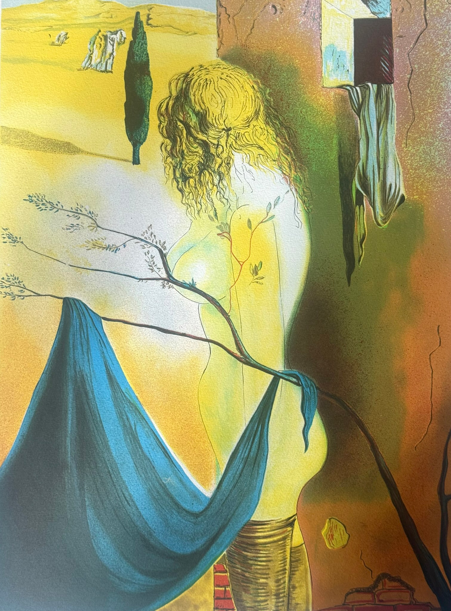 Signal of Anguish Lithograph after Salvador Dali: Color surrealist lithograph print on paper titled 'Signal of Anguish' after Salvador Dali (Spanish, 1904-1989). Depicting a partially covered nude woman staring off into the desert. Bears signature to