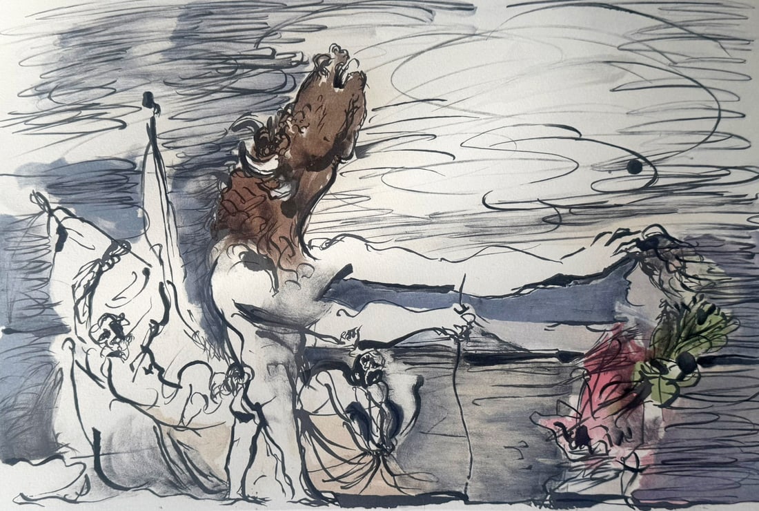 'Minotaur Led by a Girl' Litho after Pablo Picasso: Marina Picasso Estate Collection color lithograph on Arches paper titled 'Minotaure Aveugle Conduit par une Petite Fille (Blind Minotaur Led by a Girl)' after Pablo Picasso (Spanish/French, 1881 - 197