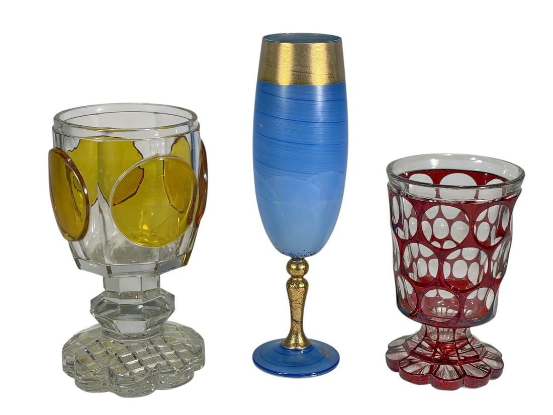 Bohemian Red, Amber & Blue Glass Goblets 3pc LOT (1 of 10)