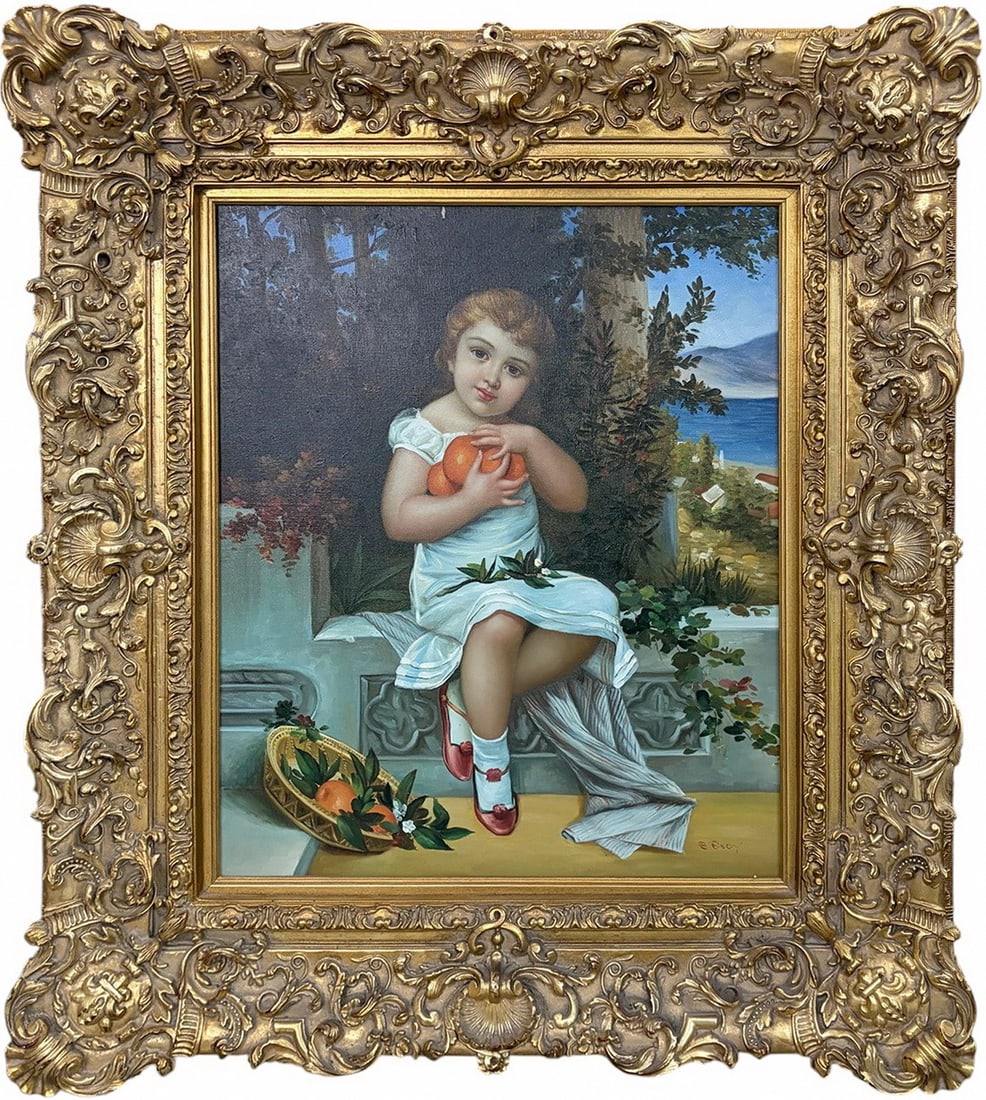 After Emile Munier Girl & Oranges Oil on Canvas: After Emile Munier oil painting on canvas depicting a young girl in a white dress seated outdoors holding oranges, with a basket at her feet and landscape background. Signed to the lower right. Presen