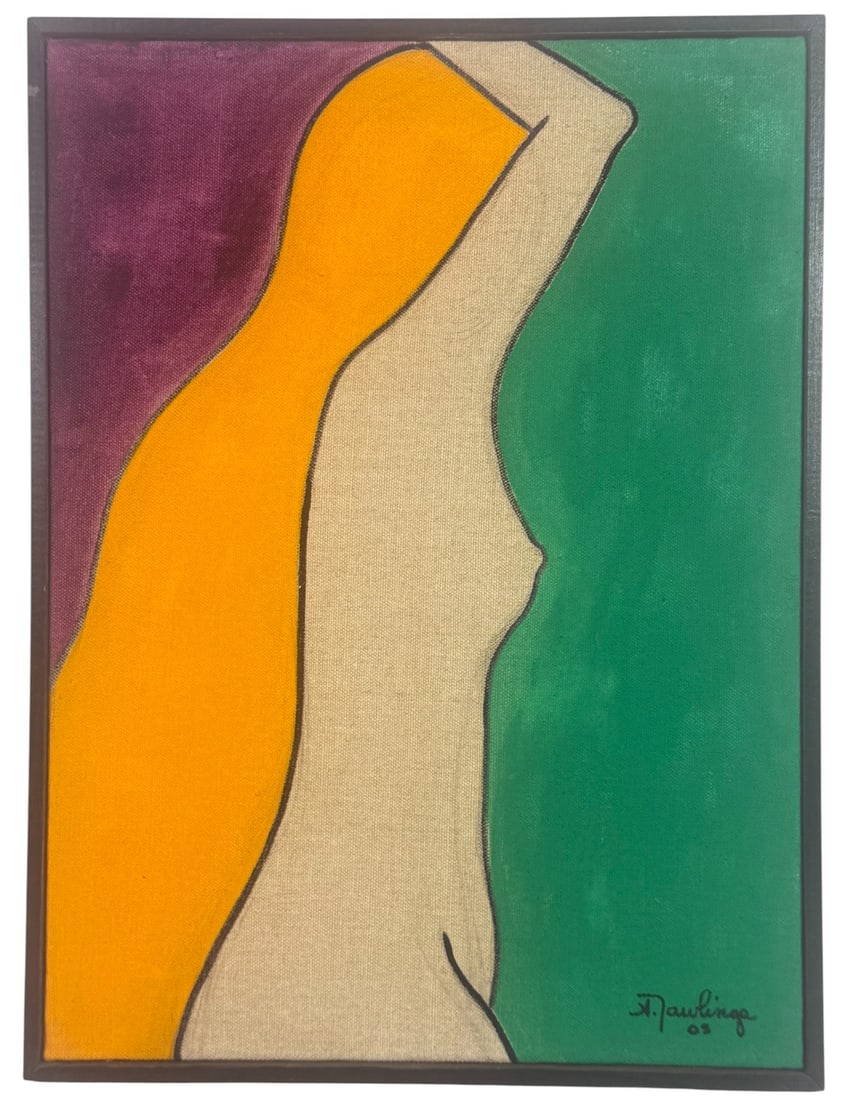 Annette Rawlings Summer Nudes Isabel Oil Painting: Annette Rawlings (American, born 1943) oil painting on linen titled 'Summer Nudes - Isabel, 2003.' The composition features a minimalist, stylized female form outlined in black against a vibrant, colo