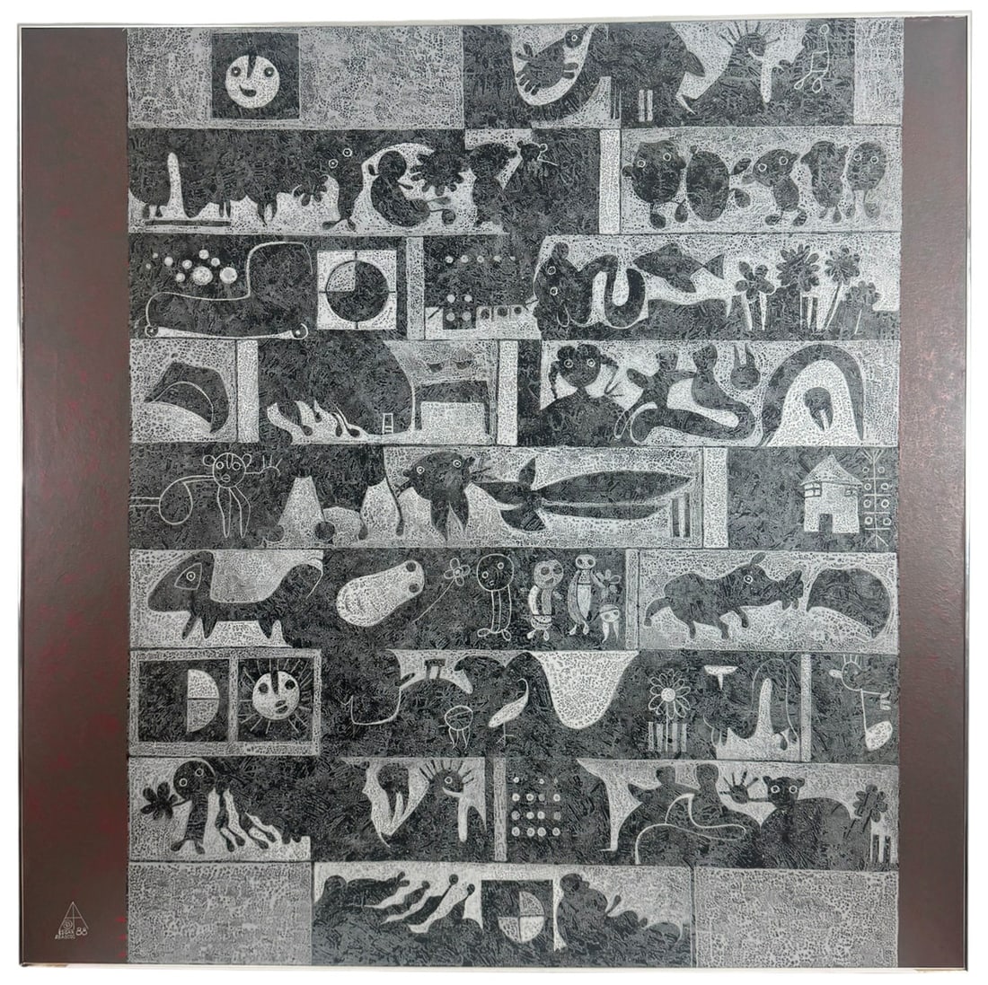 Edgar Reascos Mensaje Lunar, 1988 Acrylic Painting: Edgar Raul Reascos V. (Ecuadorian, 20th/21st century) large format acrylic painting on canvas titled 'Mensaje Lunar.' monochromatic black-and-white palette with animals, human-like figures, celestial