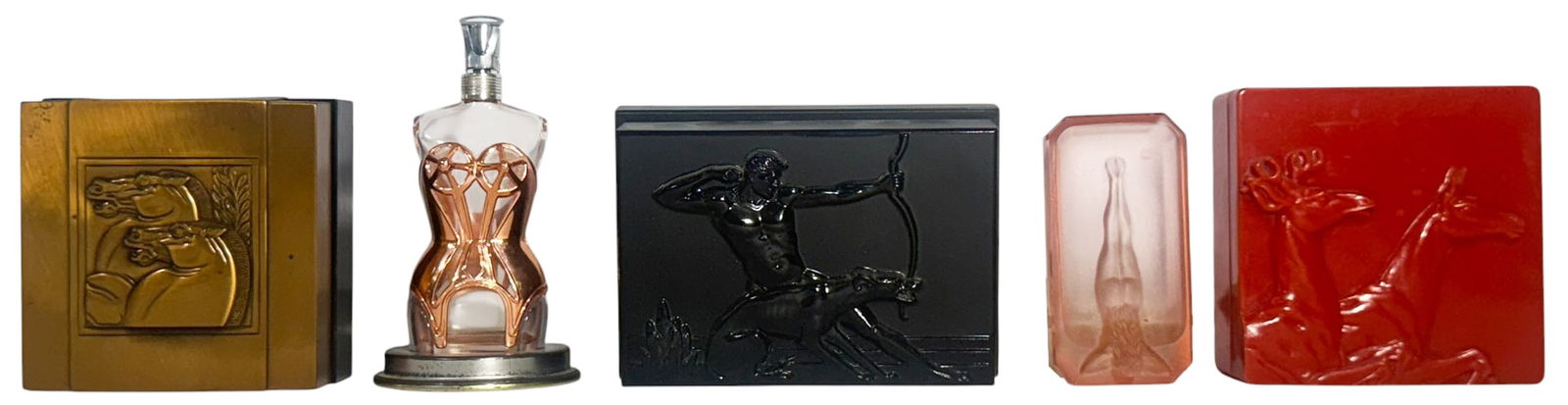 Vintage Art Deco-Style Vanity Items 5pc LOT: Lot of five vintage and Art Deco-style vanity accessories including three molded plastic Hickok boxes with raised figural and animal motifs, a pink art glass dish featuring a nude female figure in rep