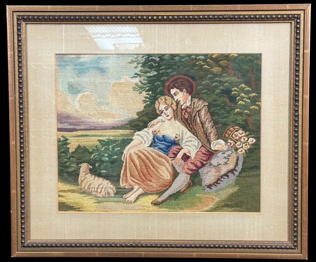 Framed Pastoral Romantic Needlepoint Tapestry (1 of 6)