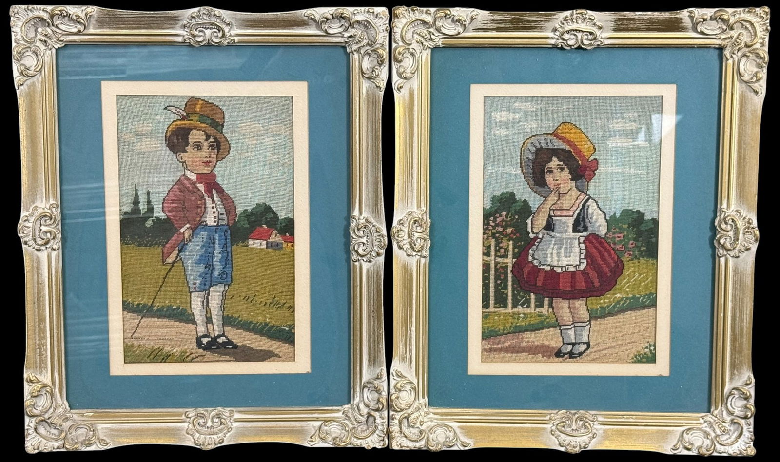 Pr of Framed Victorian-Style Needlepoint Portraits (1 of 6)