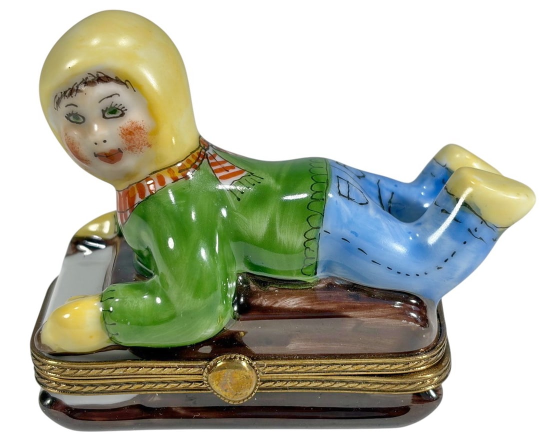 Limoges Child on a Sled Porcelain Trinket Box (1 of 4)