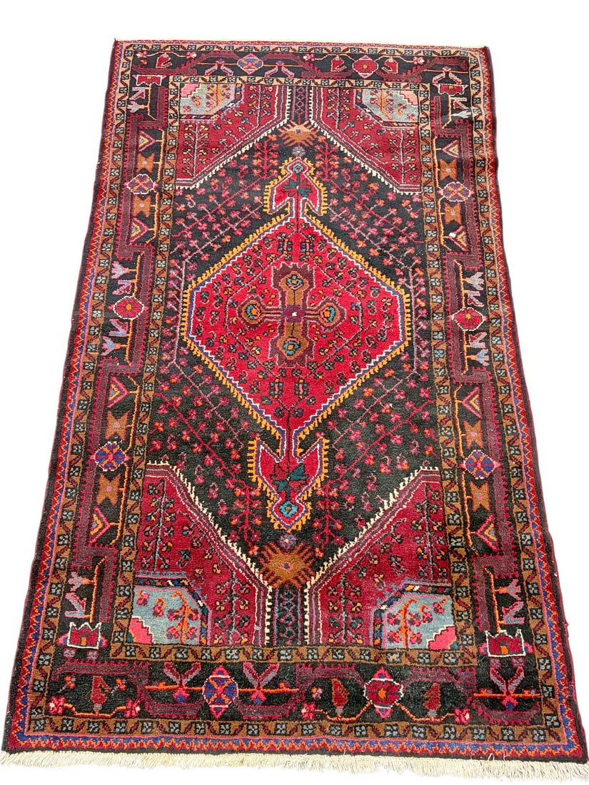 Persian Hamadan Style Hand Knotted Wool Area Rug: Persian Hamadan style hand knotted wool rug with central red medallion and geometric floral motifs on a black field. Multiple patterned borders with rosettes and tribal elements. Palette of red black