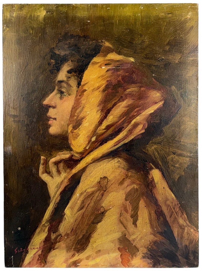 Antique Woman & Scarf Oil Painting on Wood SIGNED: Antique oil on wood panel portrait of a young woman in profile wearing a richly colored scarf or shawl. Expressive brushwork in warm earth tones with strong light and shadow. Signed illegibly to the l