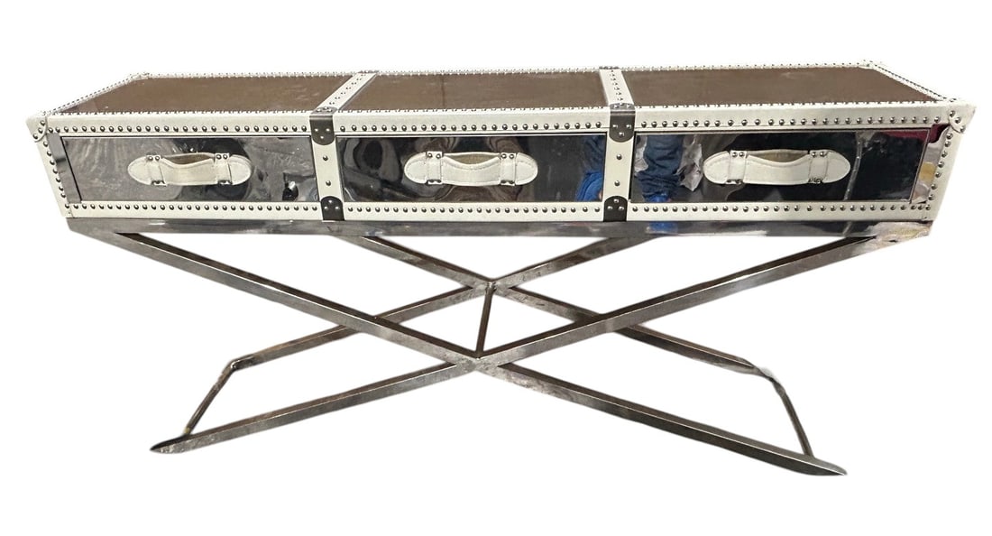 Brushed Iron, Wood & Leather Drawers Console Table (1 of 3)