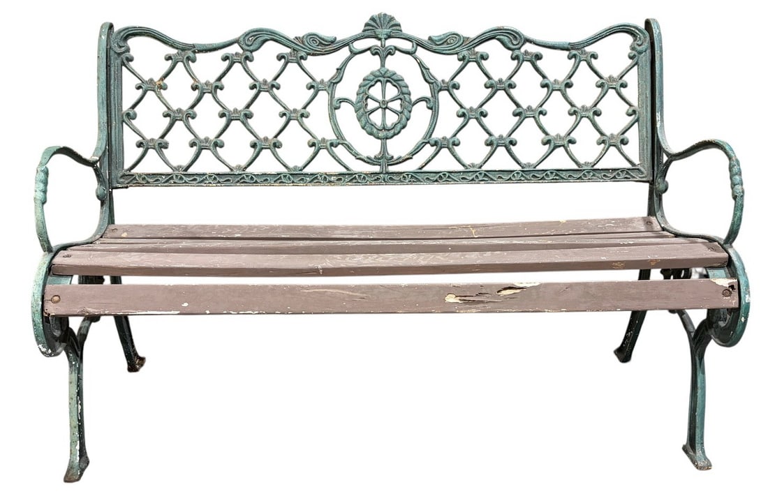 Antique Green Painted Iron & Wood Garden Bench (1 of 5)