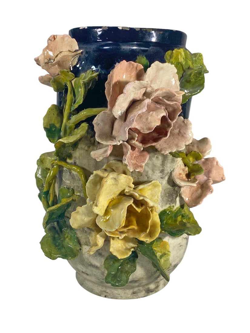 French Barbotine Flowers Relief Faience Vase (1 of 8)