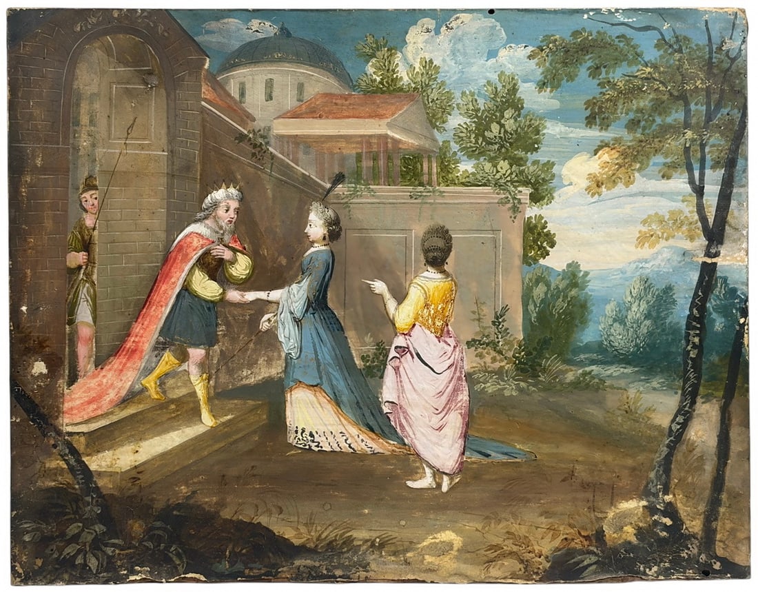 Antique European Gouache on Paper on Wood Panel: Antique European gouache on paper on wood panel depicting a royal court scene with crowned figure and two women before classical architecture and landscape.Work Size: 7 x 9 in.Dimensions: 11.5 X 9