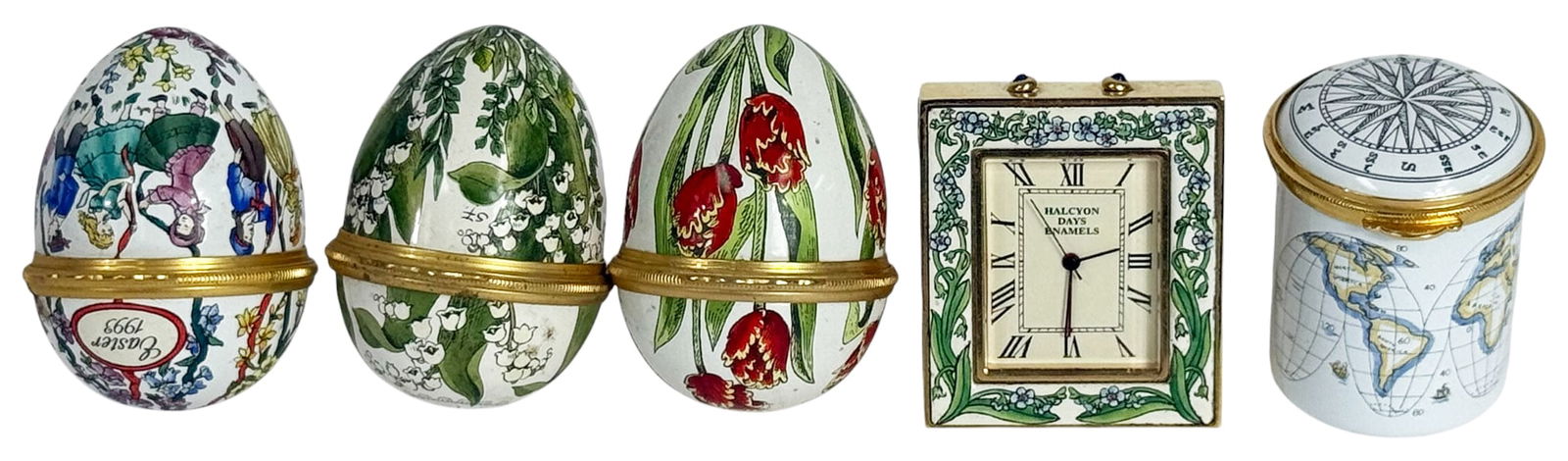 5 Halcyon Days Enamel Pill Boxes & Miniature Clock (1 of 4)