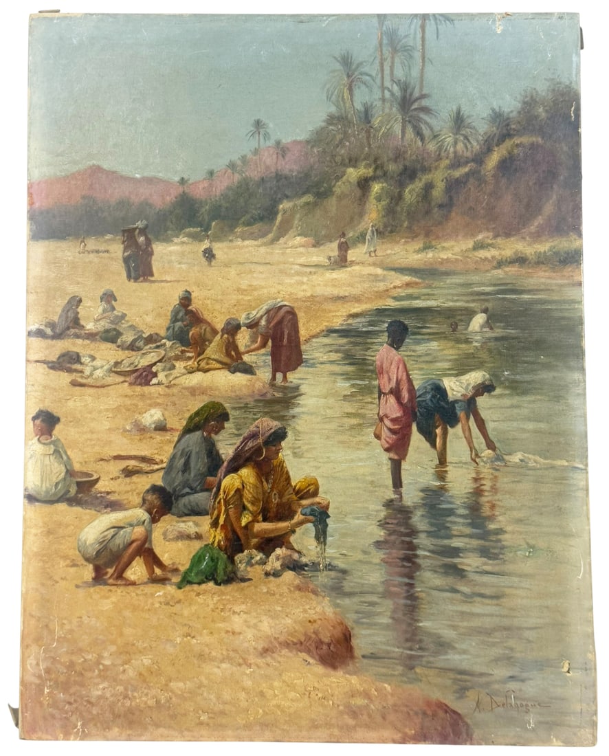 Alexis Auguste Delahogue Orientalist Oil Painting: Alexis Auguste Delahogue (French, 1867 - 1950) oil painting on canvas depicting a scenic view populated with figures engaged in daily life - washing, gathering water, and conversing along the