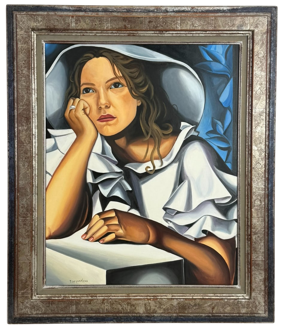 Wide Brimmed Hat Oil Painting after Lempicka: Reproduction oil painting on canvas executed after Tamara de Lempickas (French/Polish, 1898 - 1980) renown work titled 'Wide Brimmed Hat' or 'Kizette on the Balcony.' This portrait features Lempickas