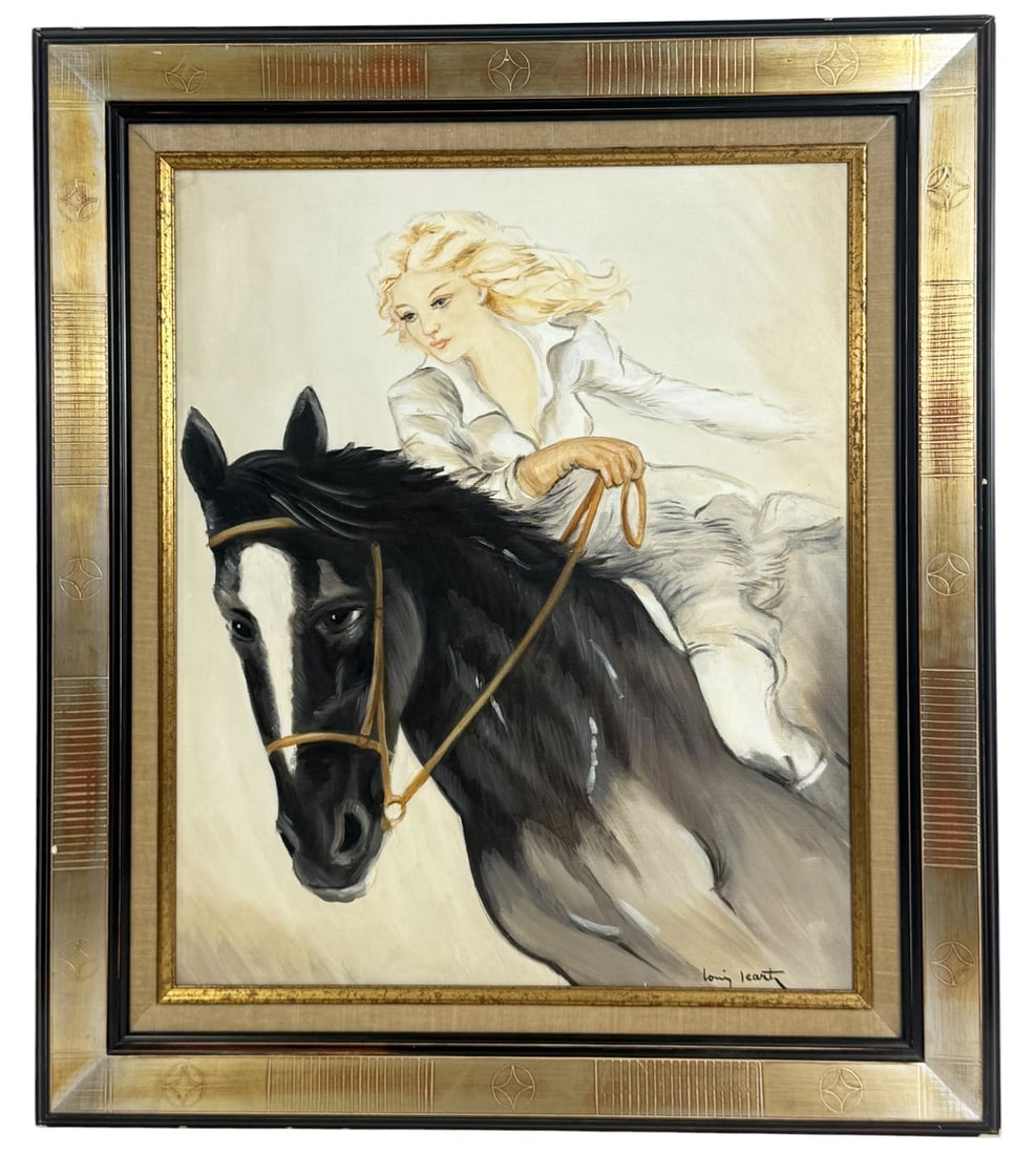 'Horsewoman' Repro. Oil Painting after Louis Icart: Reproduction oil on canvas painting executed after Louis Icart's (French, 1888 - 1950) renown work titled 'Horsewoman' or 'Blonde Lady Riding a Horse.' Depicting a beautiful, flowing-haired blonde