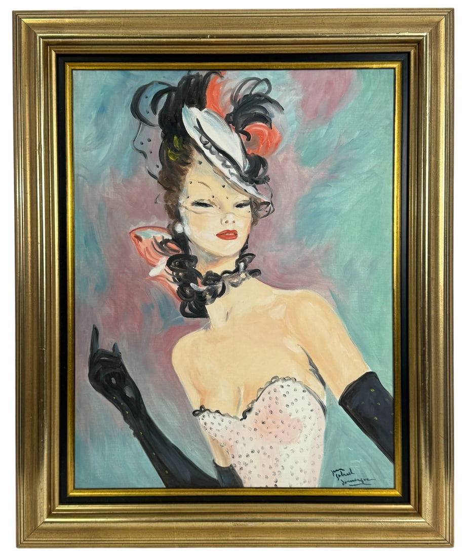 Parisian Woman Portrait Painting after Demergue: Portrait oil painting on canvas of a Parisian woman in a polka dot dress, long black gloves and a feathered hat rendered in the style after artist Jean-Gabriel Domergue (French, 1889 - 1962). Bears