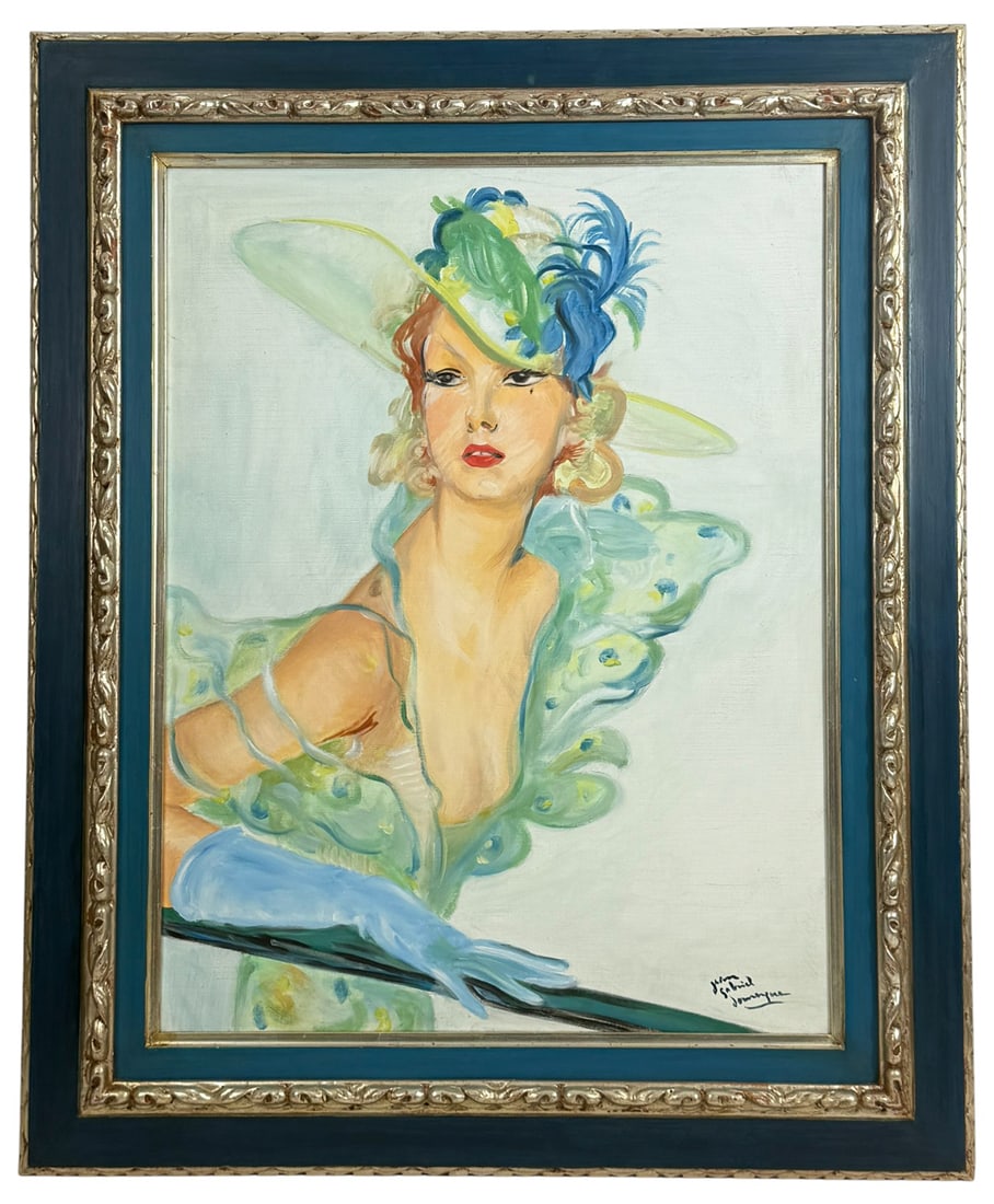 Woman in Feathered Hat Painting after Domergue: Portrait oil painting on canvas of a Parisian woman in a sheer green dress and feathered hat rendered in the style after artist Jean-Gabriel Domergue (French, 1889 - 1962). Bears signature to the