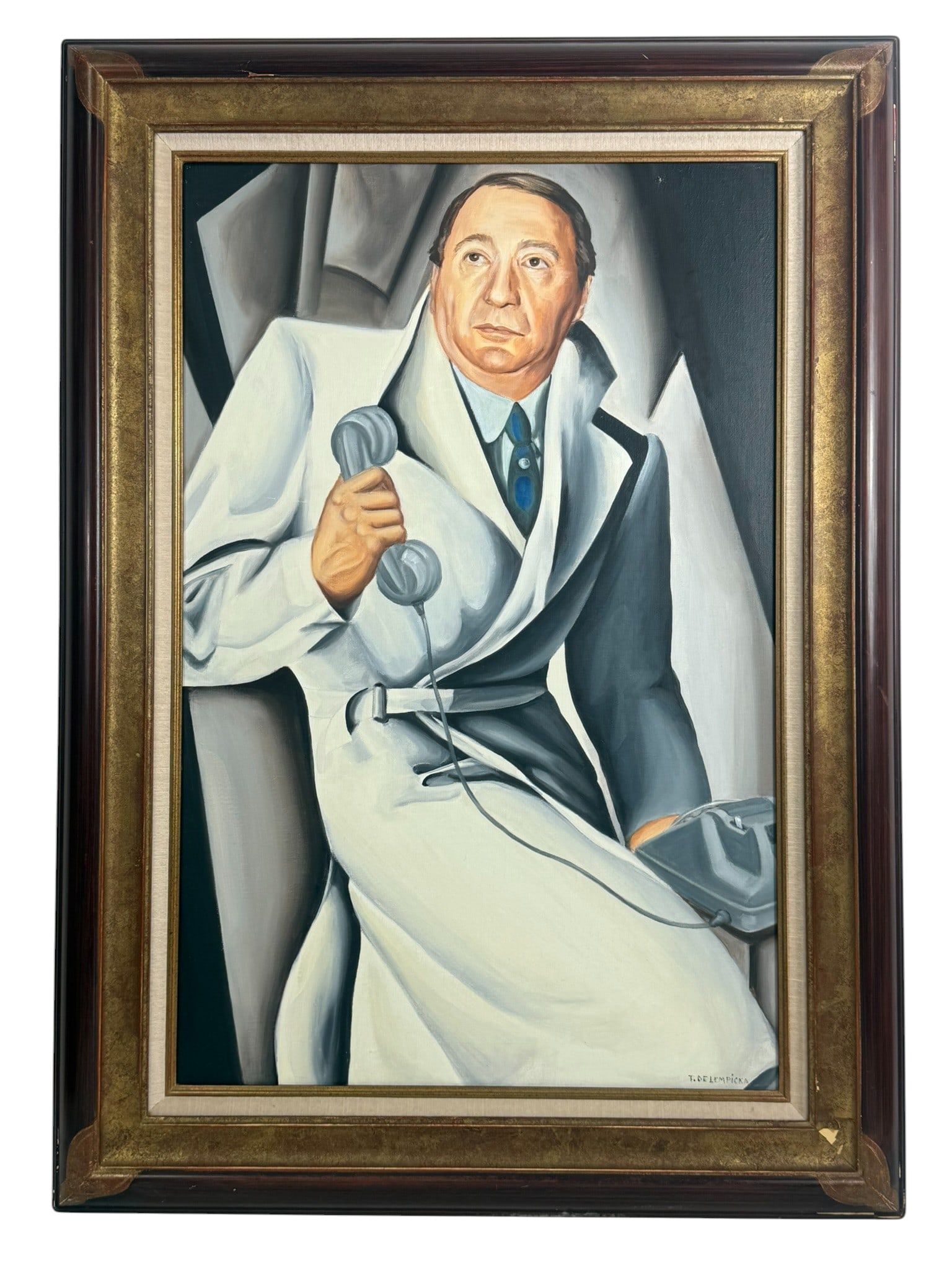 Portrait of Doctor Boucard Painting after Lempicka: Oil painting on canvas executed after Tamara de Lempickas (French/Polish, 1898 - 1980) renowned Art Deco work 'Portrait du Docteur Boucard,' originally painted in 1929. The composition features a