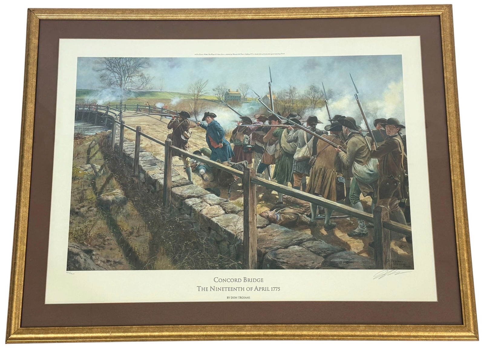 Don Troiani Concord Bridge Revolutionary War Print: Don Troiani (American, born 1949) limited edition lithograph print on paper depicting a historical battles scene moment during the American Revolutionary War titled 'Concord Bridge - The Nineteenth