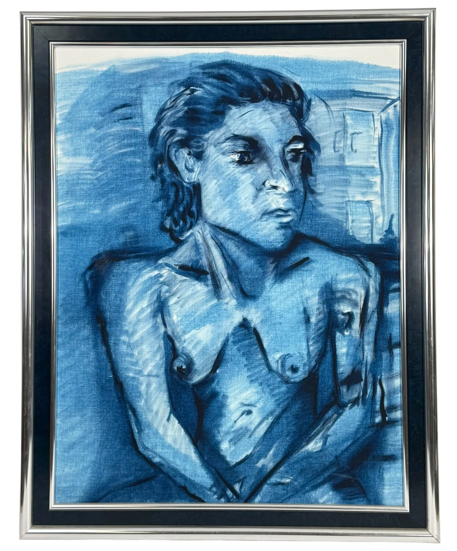 Monochrome Nude Portrait Screenprint on Canvas: Contemporary large-format screen print on canvas depicting a stylized seated nude figure in a modern, gestural style. Rendered entirely in shades of blue, focusing on the subject's introspective gaze