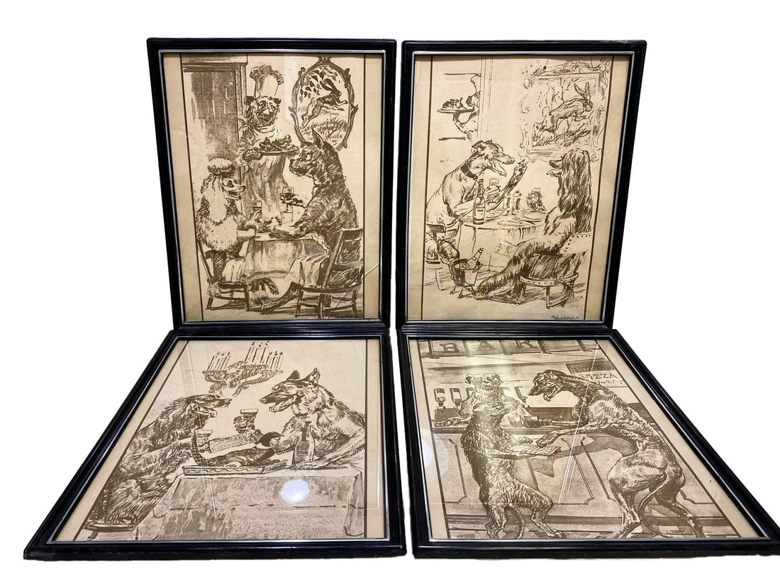 VTG Dogs Drinking on the Bar offset Prints 4pc LOT (1 of 6)