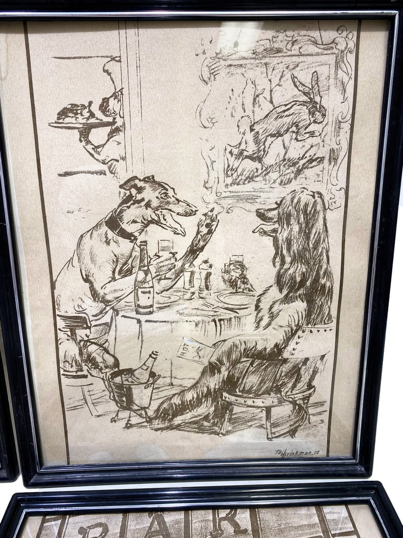 VTG Dogs Drinking on the Bar offset Prints 4pc LOT - 3