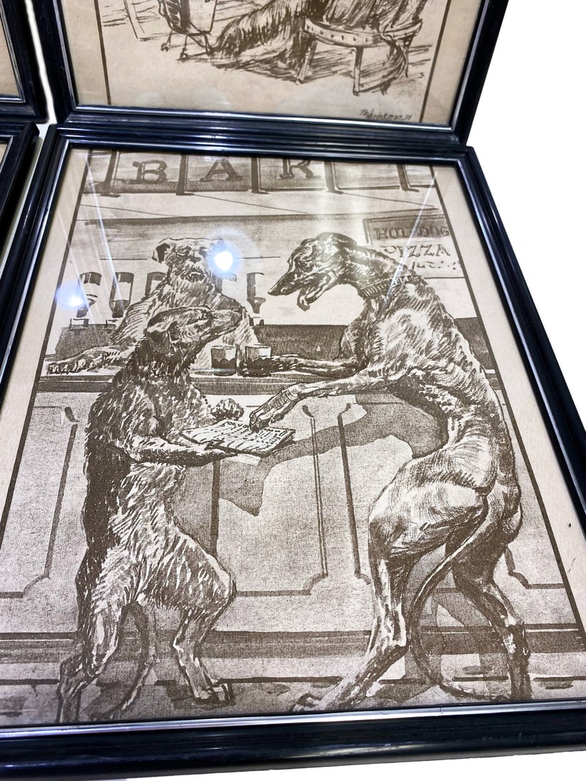 VTG Dogs Drinking on the Bar offset Prints 4pc LOT - 4