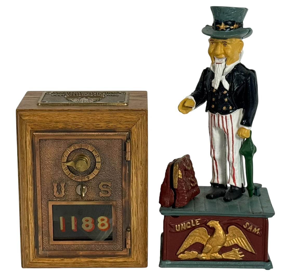 Cast Iron Uncle Sam & Oak Post Office Banks 2pcs (1 of 9)