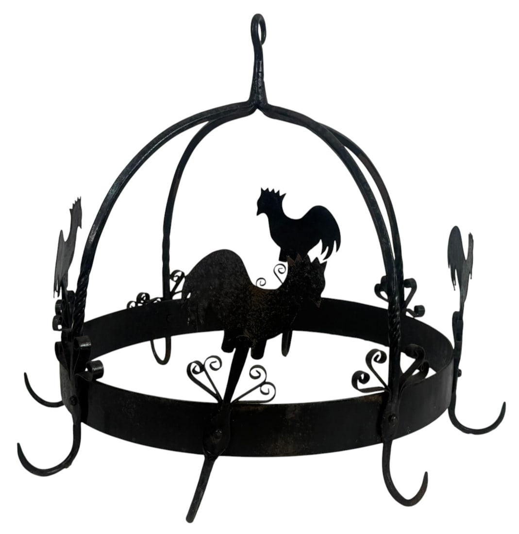 Cast Iron Rooster Motif Hanging Pot Rack 25" x 20" (1 of 6)
