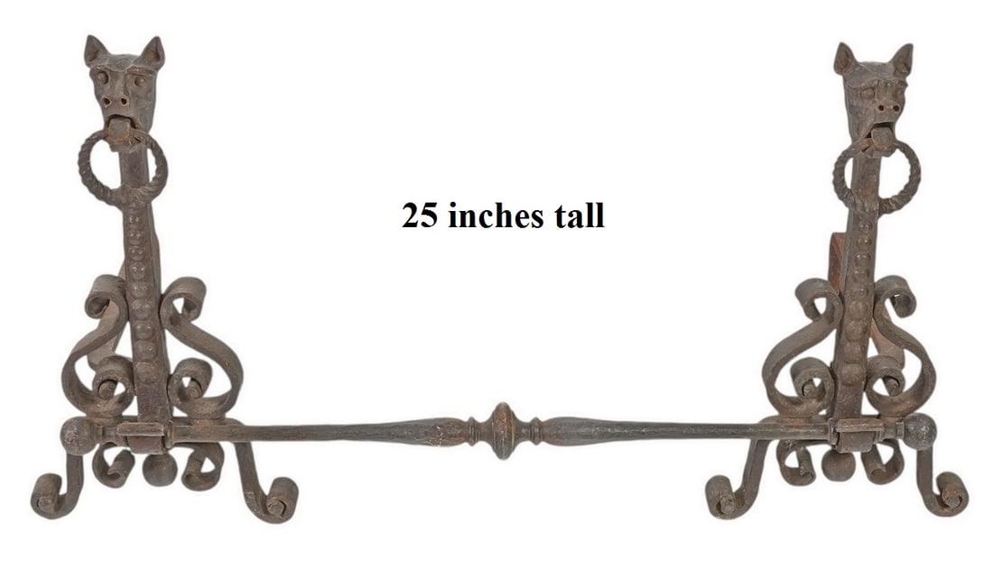 Antique Dog Cast Iron Fireplace Andirons 3pc LOT (1 of 8)