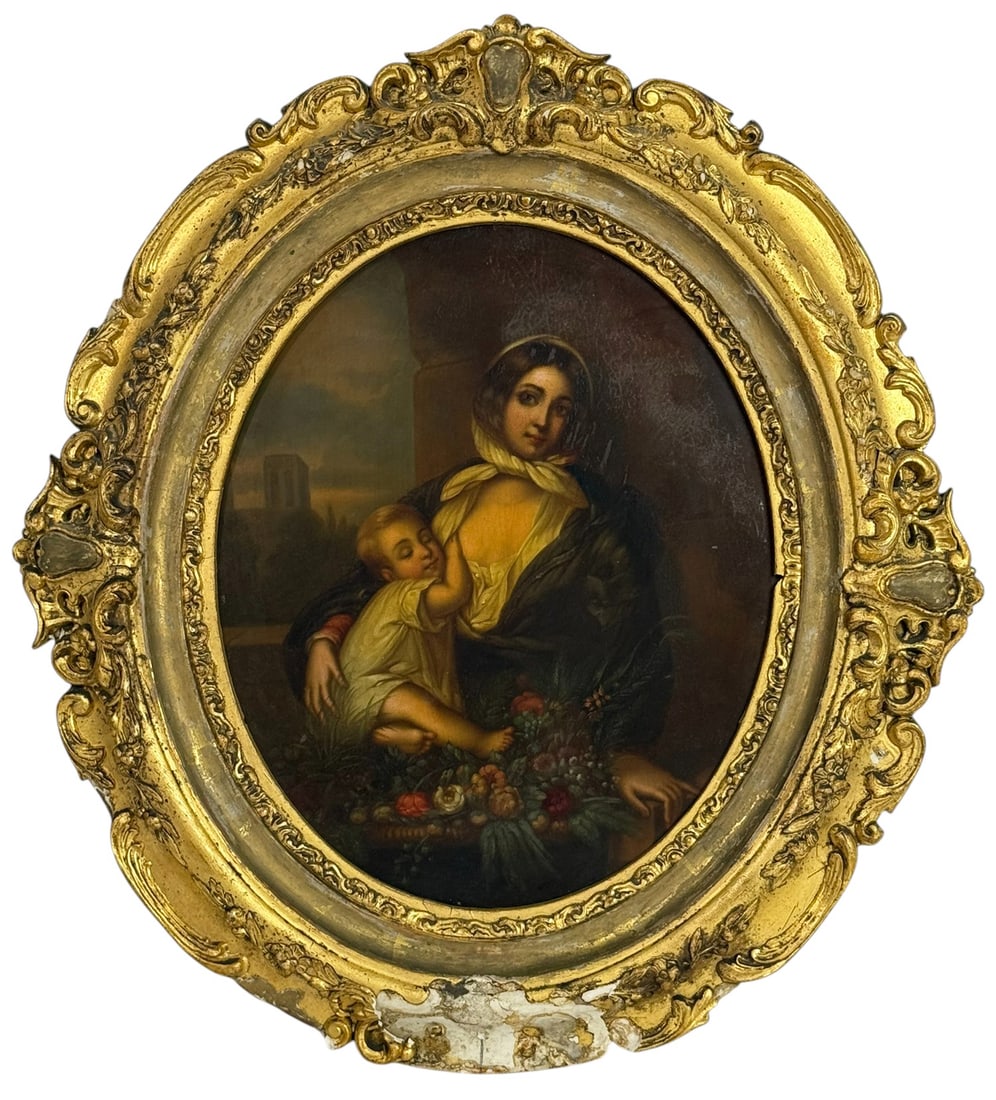 Oval Oil Painting of Mother & Child w/ Gilt Frame (1 of 8)