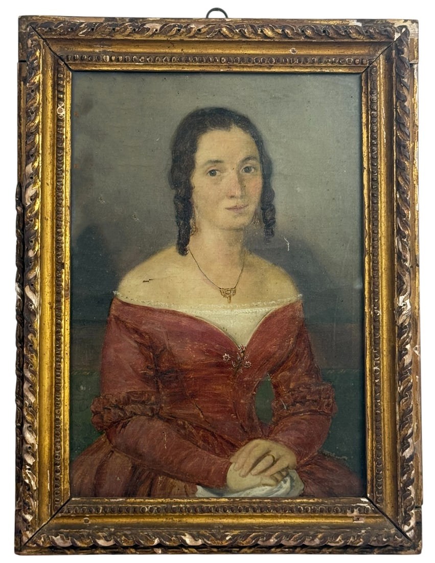 Antique Portrait Oil Painting 'Lady in Red Dress': 19th/20th-century oil on board portrait painting depicting a seated woman in a deep red formal dress with lace trim and floral accents. The study is adorned with gold jewelry and styled in ringlet cur