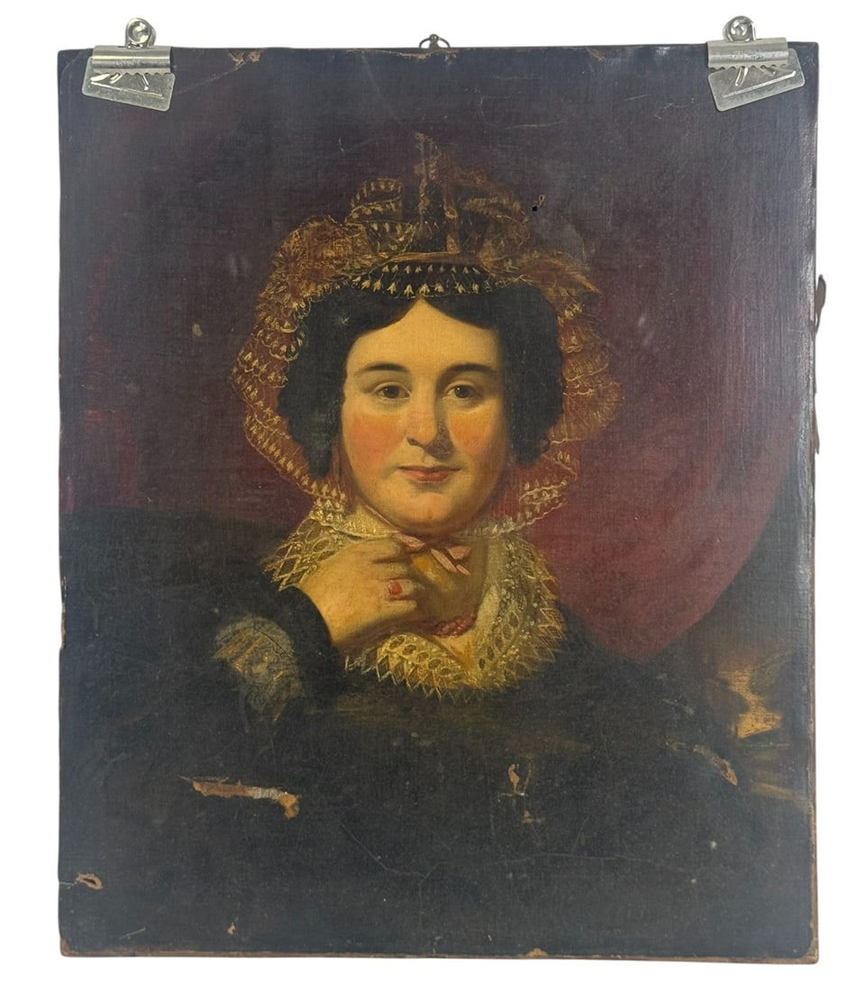 Antique Oil Painting Portrait of a Woman in Lace: Antique 19th century oil on painting on canvas depicting a portrait of a seated woman, in three-quarter view and dressed in dark attire with a lace-trimmed bonnet and collar. The subject wears a red b