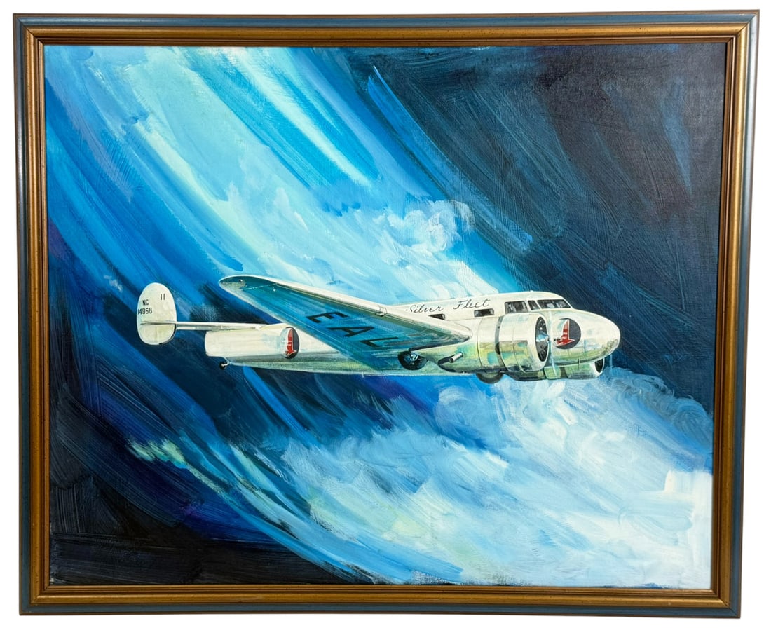 Eastern Air Lines Silver Fleet Plane Oil Painting: Mid-to-late 20th century oil painting on canvas depicting an Eastern Air Lines 'Silver Fleet' aircraft soaring through a blue dynamic sky. Unsigned. Presented in a vintage wood frame with metallic acc