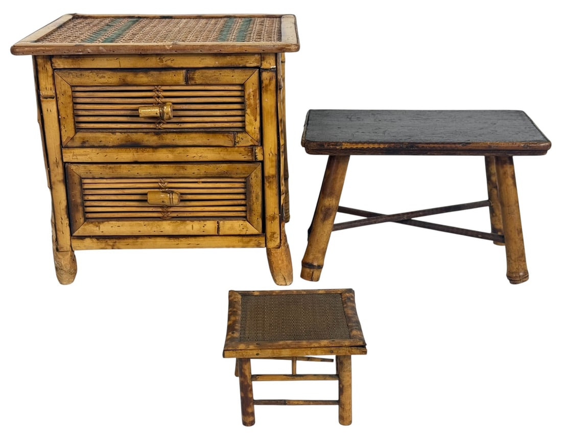 Vintage Bamboo Wicker Side Table, Bench, Footstool (1 of 8)