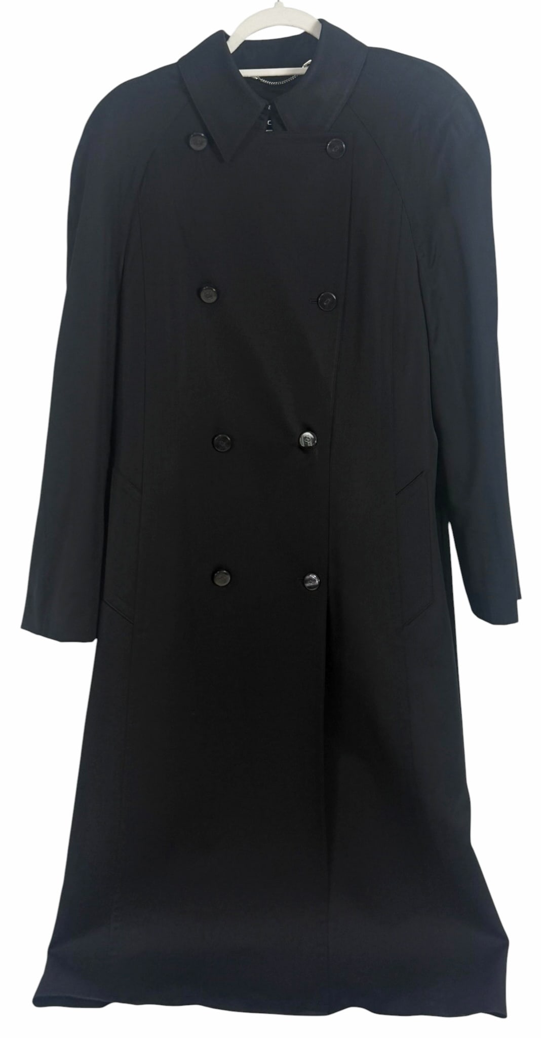 Escada Pure New Wool Black Long Coat Size 42: Escada designer long black coat crafted from 100% pure new wool. Features a fluid silhouette with a wide notched lapel, structured shoulders, and a removable belt for a cinched waistline. Fully lined