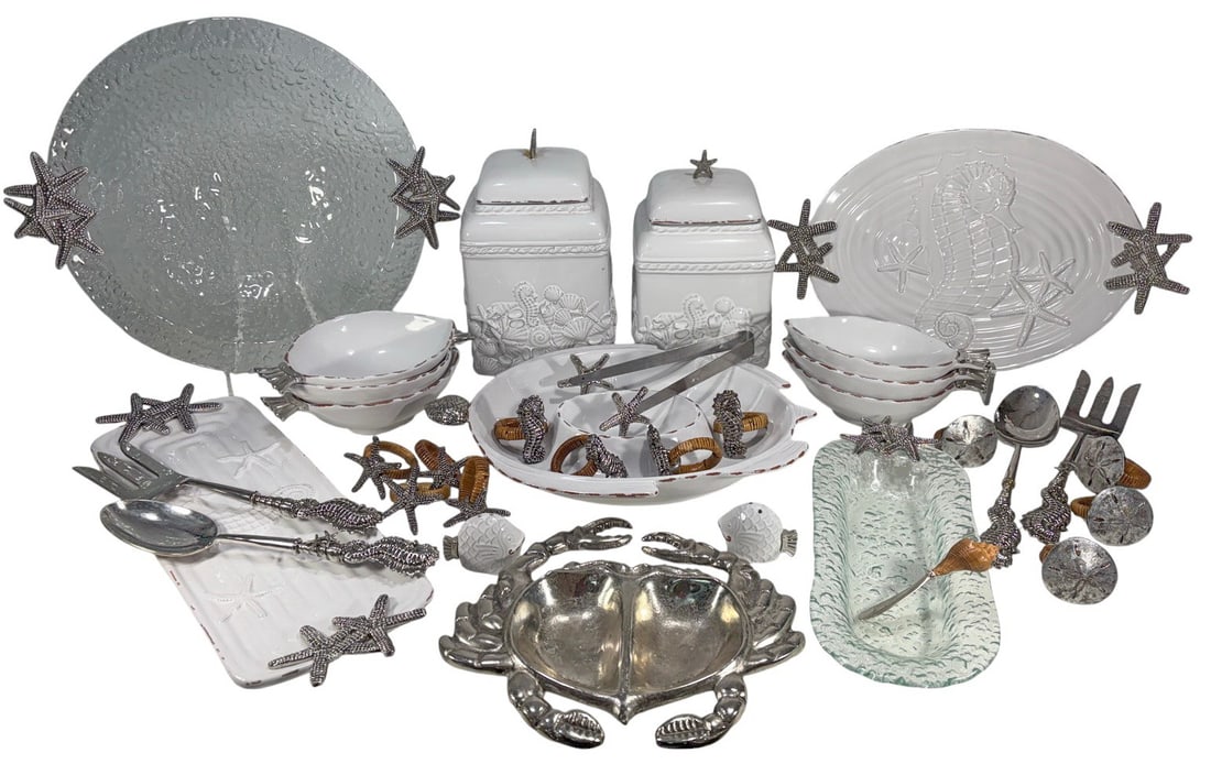 Mud Pie Coastal Star Fish Sea Horse Shell 35pc SET: Mud Pie coastal themed serving and decor assortment with starfish, seahorse, and shell motifs. Includes ceramic shell bowls and platters, embossed canisters with starfish finials, glass chargers and t