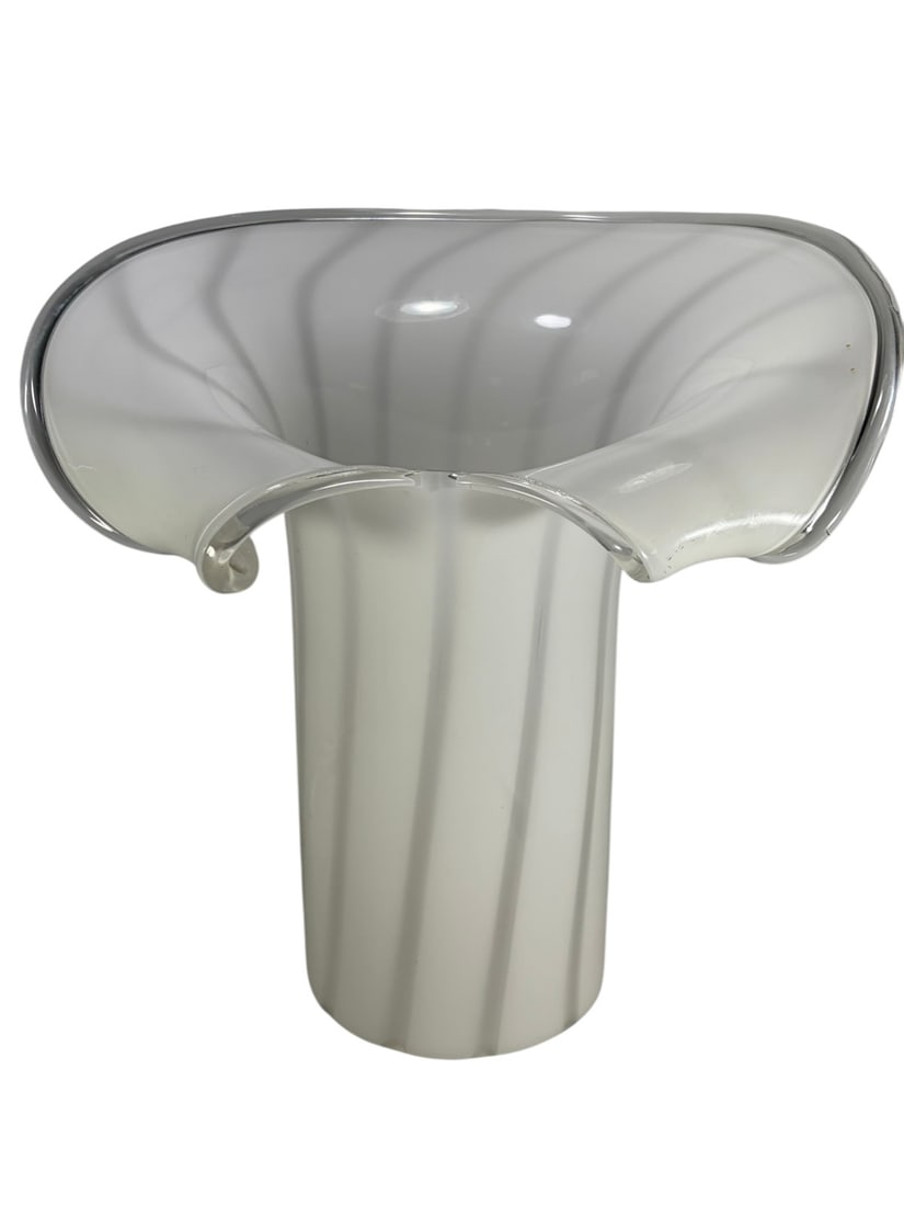 1960 Italian Murano White Calla Lily Glass Lamp: Italian Murano mid century modern calla lily form art glass table lamp, circa 1960s, in opaque white cased glass with clear rim and fluted pedestal base. Single socket with inline cord switch.Dimensio