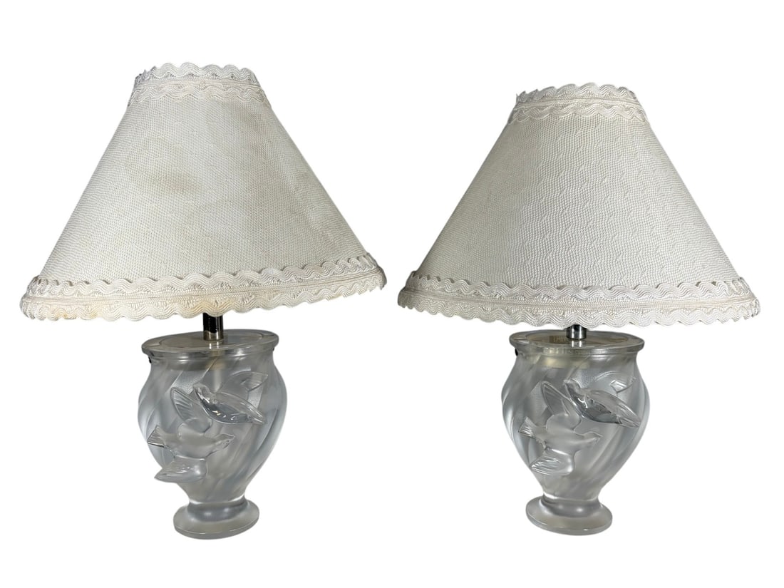 Pair of Lalique France Rosine Frosted Glass Lamps (1 of 7)
