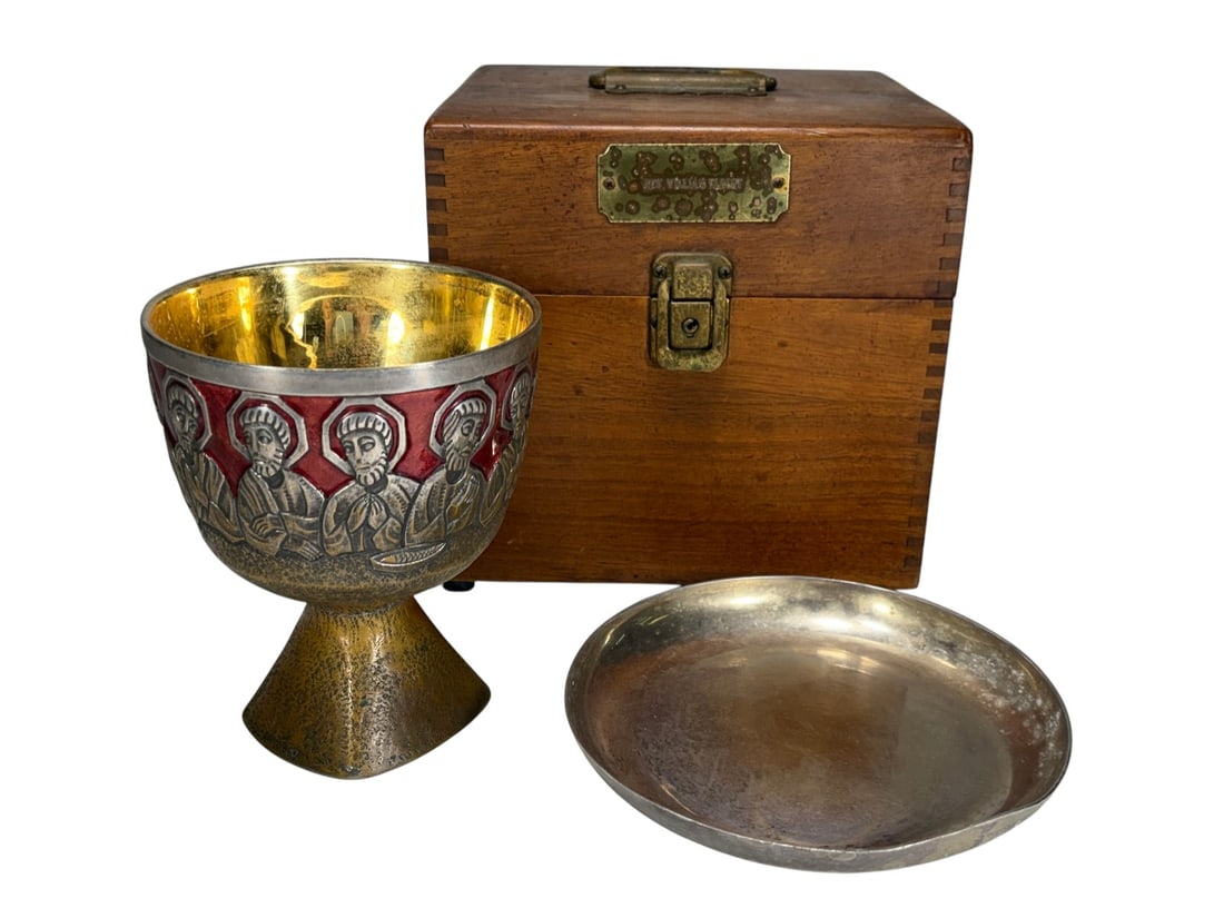 Spanish Last Supper Silverplated Copper Chalice: Spanish silverplated copper chalice with repousse Last Supper band and gilt washed interior, marked 'Spain.' With matching paten and fitted wood carrying case with engraved nameplate 'Rev. William Elb