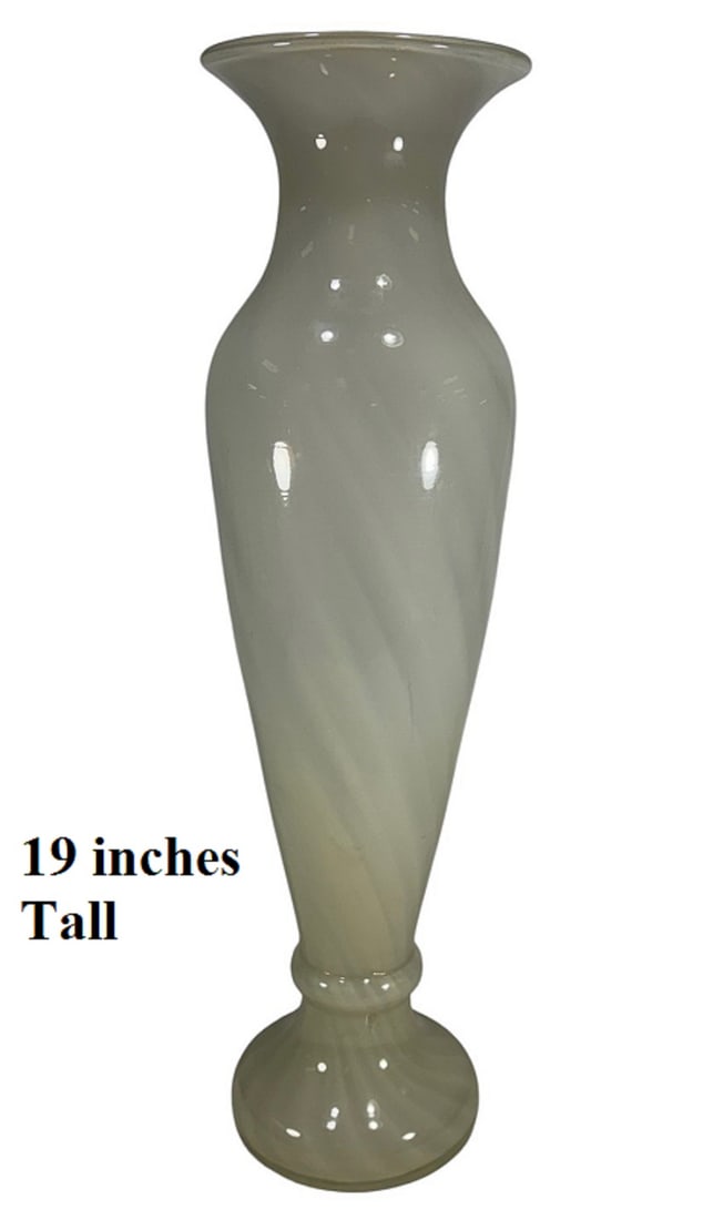 White Opaline Round Glass Flowers Floor Vase 19": White opaline glass tall floor vase in classical baluster form with gently flared rim and stepped pedestal base. Opaque milky glass body with subtle spiral swirl pattern and tapered waist.Dimensions: