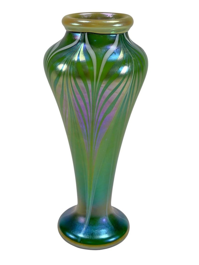 Loetz Style Art Nouveau Iridescent Green Vase 8.5" (1 of 5)
