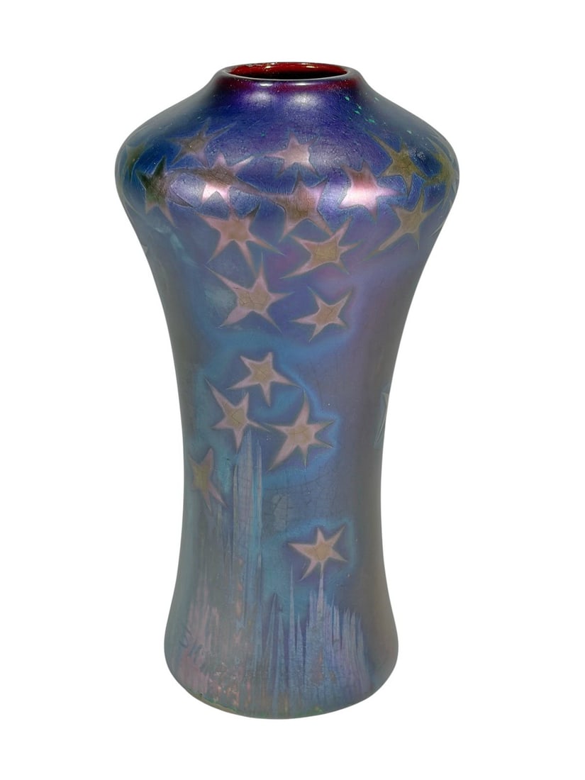 Weller Sicard Art Nouveau Iridescent Glass Vase: Weller Pottery Sicard Art Nouveau iridescent vase with slender shouldered form and flared lip. Decorated with stylized star motifs on a blue violet bronze metallic ground with crackle glaze. Incised S